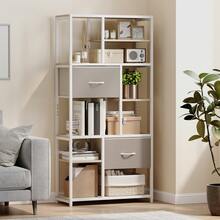 Scaffale contenitore a 6 ripiani, libreria con 2 cassetti in tessuto, 9 ripiani a giorno, 72,5 x 30 x 150 cm, bianco - A - Visualizzare 4