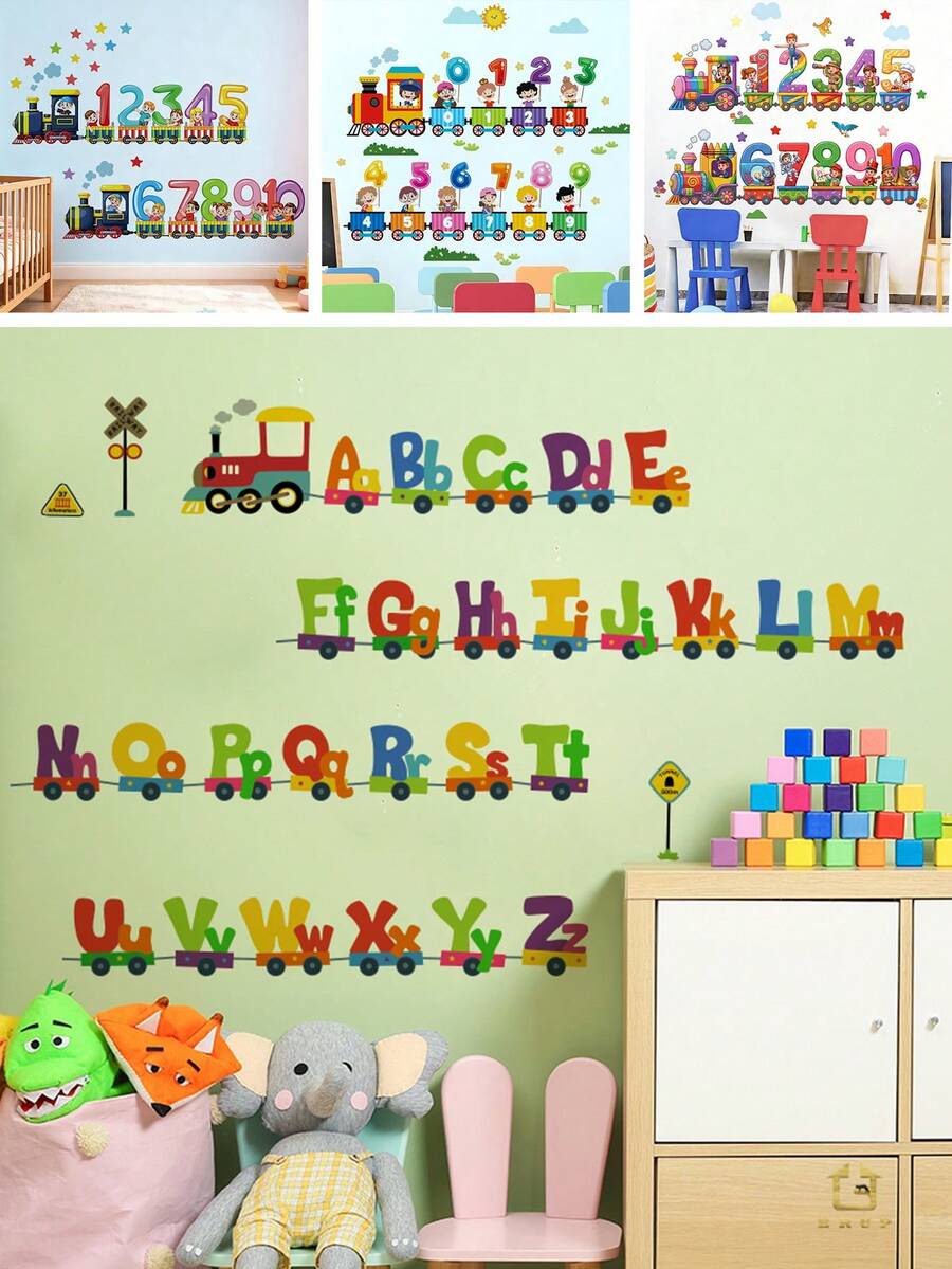 BRUP 1Pc Kids Wall Stickers, Alphabet ABC Number Train Peel And Stick Decal, Cartoon Animals Educational Math Art For Children Bedroom Classroom Decor - Multicolor - View 1