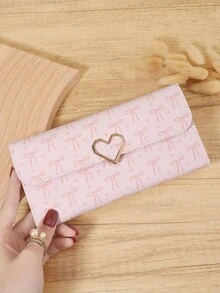 New Women's Long Button Wallet, Three Fold Multi Card Slot Multifunctional Wallet, Metal Heart Decoration, Suitable For Outdoor Travel - Pink - View 2