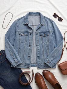 Straight-Leg Light Blue Denim Jacket With Floral And Butterfly Print On Back, Classic Collar, Button Cuffs And Hem, Y2K Style - Light Denim Blue - View 7