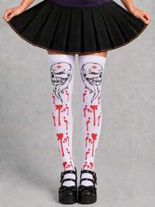 1/4 Pair Women's Halloween Over-The-Knee Socks, Mixed Skull, Red Splatter, Striped And Harlequin Pattern Thigh High Socks, Suitable For Costume Party Outfit Matching - Multicolor - View 3