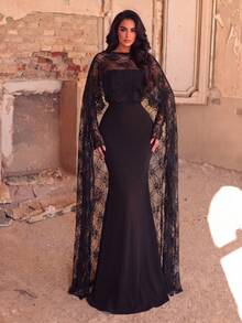 Elegant Black Long Mermaid Skirt With Contrasting Lace And Bell Sleeves, Romantic Round Neck Formal Gown - Black - View 7