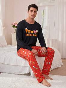 Men's Fun Home Set - Black Snack Cartoon Print Long Sleeve T-Shirt + Food Pattern Pants, Casual 2-Piece Pajama Set, Suitable For Relaxing At Home - Black - View 4