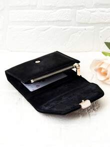 Women's Short Wallet Soft PU Foldable Multi-Function Large Capacity ID Card Holder Student Card Wallet, Exquisite Zipper Coin Purse Lightweight Suitable For Holiday Gift - Black - View 4