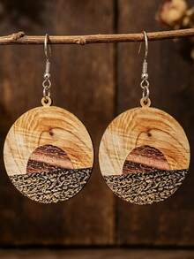 1 Pair Vintage Sunset Landscape Round Wooden Ear Hooks, Western Style Patchwork Wood Grain Distant Mountain Sunset Earrings - Multicolor - View 5