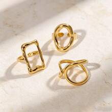 3pcs Luxury Style Hollow Geometric Stainless Steel Gold Plated Open Ring Set For Women, Suitable For Daily Wear, Dating, Shopping, Party - As Shown - View 3