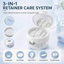 3合1牙科器械收納盒，附鏡子與清潔刷；牙套與假牙浸泡盒；自動升降式矯正牙浸泡盤附濾網籃，方便旅行與日常護理 - 彩色 - 查看 6