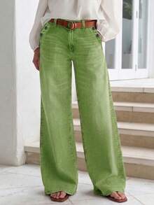 New Women's Multi-Button Wide Leg Casual Jeans - High Quality Denim, Fashionable And Comfortable Spring Fall - Bean Green - View 2