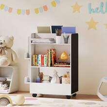 Kinderboekenkast op wielen, opbergruimte voor kinderboeken van 3 tot 8 jaar met krijtbord, 66,5 x 32,5 x 86,5 cm, wit - A - Bekijken 4