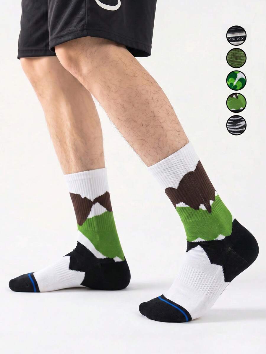 1/5/10 Pairs Men's Mid-Calf Socks, Fun Geometric Pattern Cartoon Unisex Sports Style Long Socks, Crazy Happy Socks - Multicolor - View 1
