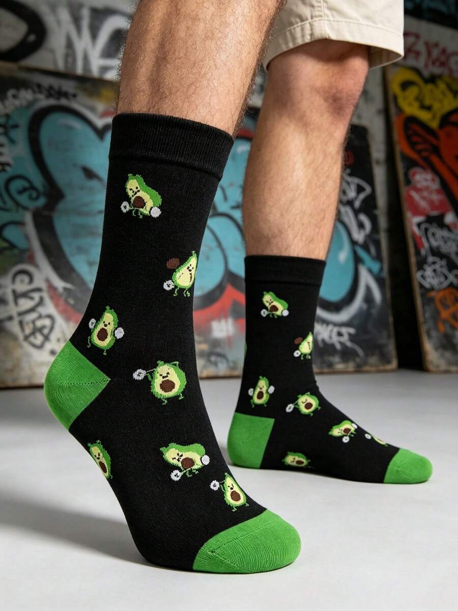 1 Pair Men's Black Bottom Green Cartoon Avocado Pattern Mid-Calf Socks, Fun Street Style, Suitable For All Seasons/Daily Wear/Skateboarding Street/Holiday Gift - Multicolor - View 1
