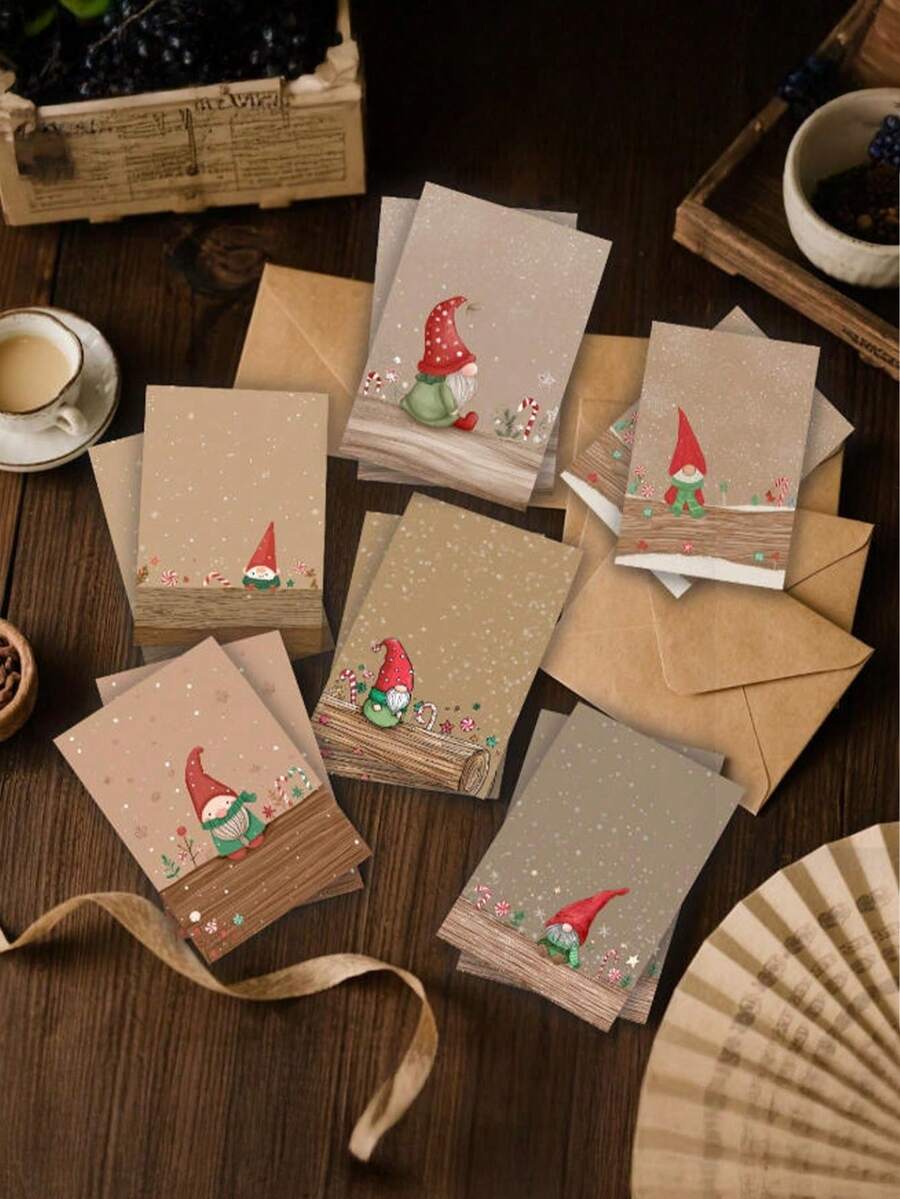 12PCS Christmas Card Set (Envelopes Included) – Red-Hat Elf – Cute Elf And Snowflake Winter-Themed Cards, Perfect For Friends, Family, And Teachers – Blank Inside For Personalized Messages – Christmas Cards/Stationery - Multiple Styles - View 1