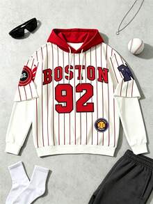 Men's Striped Letter Print Faux One-Piece Hooded Sweatshirt, Casual Street Style Long Sleeve Sweatshirt - Multicolor - View 2