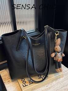 Textured Distressed Crinkled Tote Bag With U-Shaped Opening, Minimalist Letter Print Design, Adjustable Shoulder Strap, Large Casual Underarm Shoulder Bag For Daily Commute And Books, Paired With Cute Rabbit Plush Doll Charm - Black - View 7