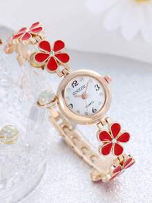 Women's Rose Gold Quartz Watch With Red Flower Bracelet Band, Rhinestone Studded Small Dial Wristwatch, Christmas Birthday Gift For Her - Red - View 3