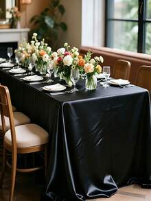 1pc 145*259cm Rectangular Satin Tablecloth, Silky Fabric, Woven, Suitable For Party, Holiday Dinner, Wedding Reception Table Decoration (Multiple Sizes And Colors) - Black - View 3