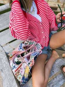 Plus Size Striped Knit Cardigan Women Round Neck Button Front Long Sleeve Plus Size Sweater Top Casual Fall Winter Daily Street Outfit - Rose Red - View 5