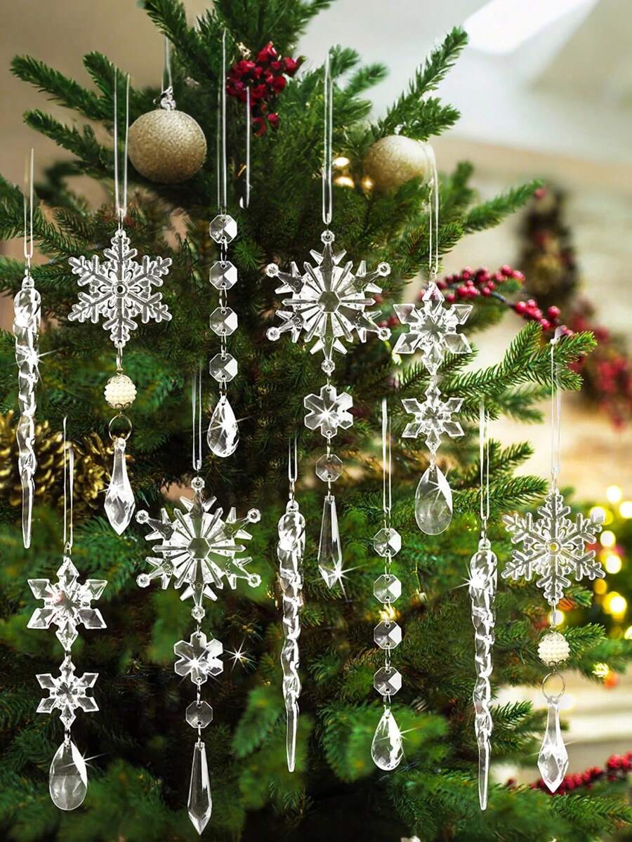 18/1pc Christmas Snowflake Icicle Hanging Decor, Christmas Tree Ornament, Crystal Clear Glitter Acrylic Snowflake Icicle Pendant With Ribbon, For Christmas Tree And Home Decoration - Multicolor - View 1