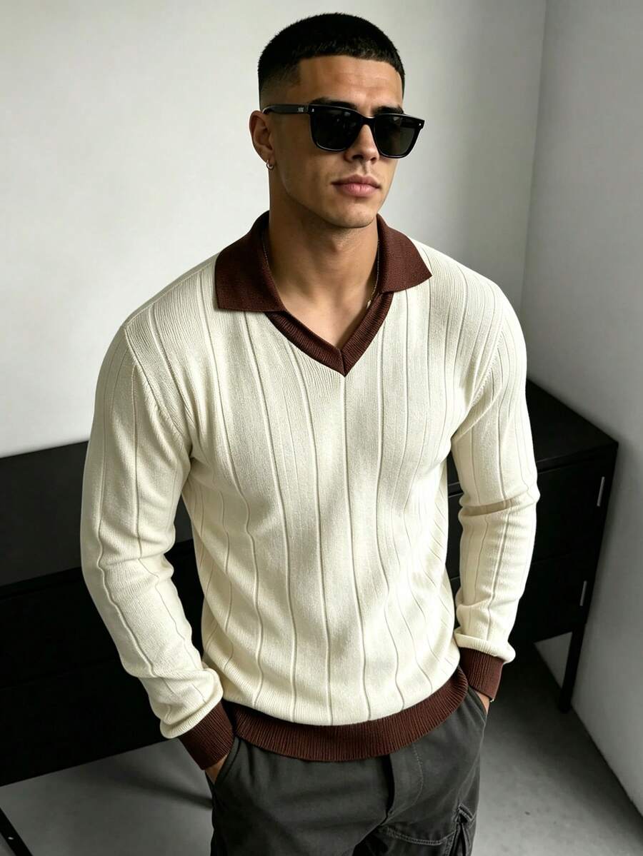 WAIT HIM Men's Autumn/Winter Colorblock Polo Collar Long Sleeve Loose Casual Sweater