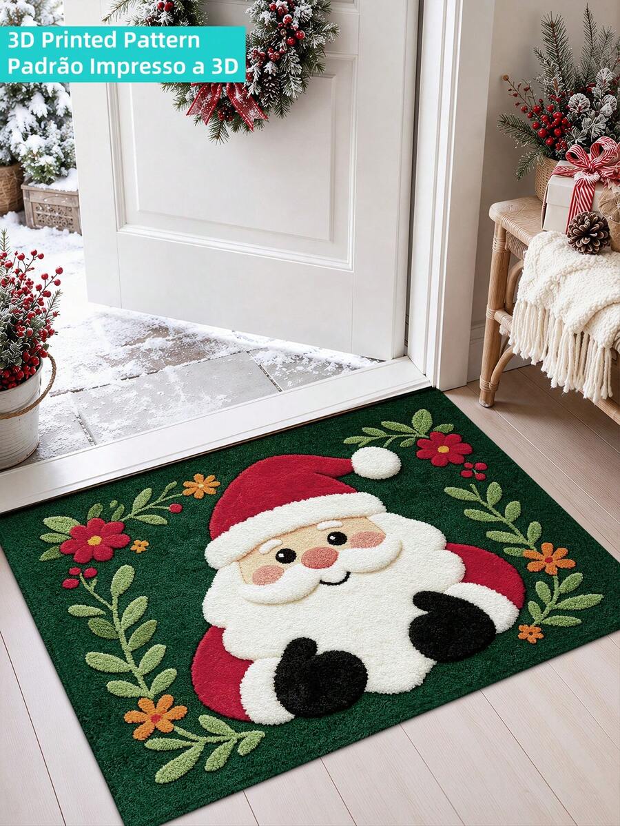 DAJIANG 1pc Santa Claus Door Mat Outdoor Carpet 3D Embroidered Printed Welcome Mat Long Runner Rug TPR Non-Slip Backing Suitable For Bathroom, Indoor, Hallway, Bedroom, Living Room, Bedside, Machine Washable Easy To Clean, Autumn Home Decor Holiday Entry Mat
