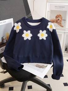 Girls' Sweet 3D Floral Round Neck Long Sleeve Knit Sweater Pullover, Casual Versatile For Daily Wear And School, Spring Autumn Winter - Navy Blue - View 1