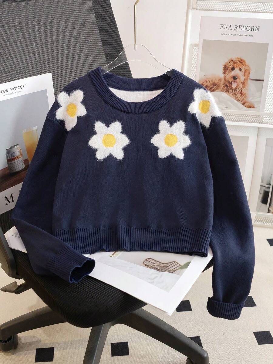 Girls' Sweet 3D Floral Round Neck Long Sleeve Knit Sweater Pullover, Casual Versatile For Daily Wear And School, Spring Autumn Winter - Navy Blue - View 1