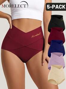 Morelect 5 buah celana dalam wanita pinggang sedang-tinggi, desain tali silang, warna polos, pengontrol perut, elastis, pembentuk tubuh, pas, lembut. - MultiWarna - View 2