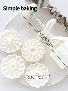 5pcs (1 Bucket With 4 Flower-Shaped Pcs) Geometric Flower Pastry Molds, ABS Plastic Hand-Pressed Mooncake Molds, Dates For Pastry Making Tools, Kitchen Baking Tools, Cookie Cutters. Maamoul Mold. Sweet Dessert-Making Tools - View 6