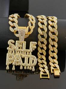 Hip Hop Style SELF PAID Drip Letter Full Rhinestone Pendant With Iced Out Cuban Chain Necklace, Rap Performance Outfit, Music Festival Party Wear, Niche Personalized Jewelry For Men And Women - SELF PAID - View 15