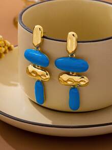 1 Pair Exaggerated Asymmetrical Geometric Oil Enamel Drop Earrings - Blue - View 4