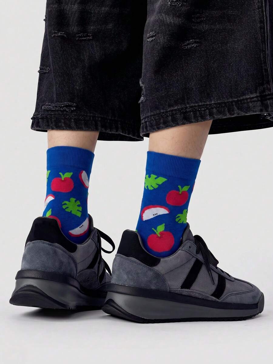 1/5/10 Pairs Men's Mid-Calf Socks, Fun Fruit Apple Cartoon Unisex Sports Style Long Socks, Crazy Happy Socks - Multicolor - View 1