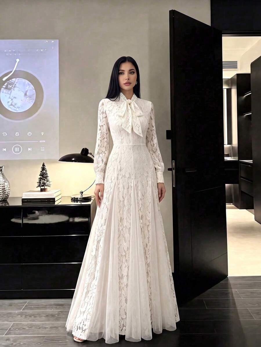 女款蕾絲百褶優雅收腰派對洋裝 - 米杏色 - 查看 1