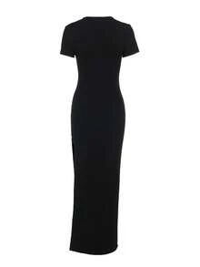 Autumn Solid Color Basic High Slit Short Sleeve Dress, Elegant Casual Everyday Dress - Black - View 8