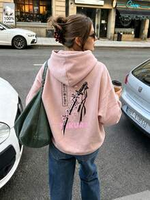 Autumn/Winter Women's Hooded Long Sleeve Sweatshirt, Cherry Blossom Samurai Sword Print, Casual Party Sporty Women's Top, Y2K Street Style Hoodie - Meat Powder - View 3