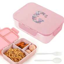 3-Compartment Travel Bento Lunch Box With Flip Lid, Leak-Proof Portable Meal Container For Outdoor Activities, Breakfast And Meal Prep, Kitchen Accessory, Camping Essential, Rose Flower With 26 Alphabet Initials Pattern - Pink - View 20