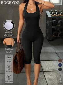 EDGEYOG Ensemble 2 pièces pour femmes Automne/Hiver Top sans manches à col ras-du-cou + Leggings 7/8 Noir Tenue de sport décontractée, convient pour la salle de sport, le yoga, l'entraînement, le port quotidien - Noir - Voir 3
