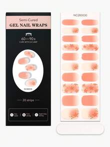 20pcs Autumn Floral Semi Cured Gel Nail Strips, Warm Apricot Ombre Gold Flower Gel Nail Wraps, UV Lamp Cure & Long Lasting Salon Quality Nail Art For Women's Fall Outfits And Autumn Parties - Apricot - View 4