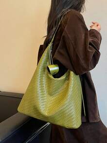 Tas Bahu Tenun Minimalis Nicekee, Dilengkapi Klip Kacamata, Tas Ketiak Kapasitas Besar yang Elegan, Cocok untuk Berbelanja dan Bepergian - Hijau - View 4