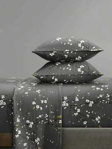 4-Piece Dark Gray Plum Blossom Branch Pattern Bedding Set, Easy-Care Soft Bedding Set, Floral Pattern Fitted Sheet Set (1 Flat Sheet + 1 Fitted Sheet + 2 Pillowcases), Fitted Sheet Set, Suitable For King, Queen, Full, Twin Sizes - Dark Grey - View 1