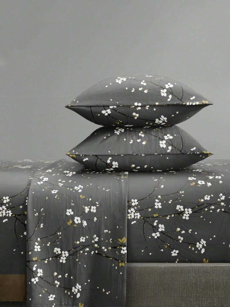 4-Piece Dark Gray Plum Blossom Branch Pattern Bedding Set, Easy-Care Soft Bedding Set, Floral Pattern Fitted Sheet Set (1 Flat Sheet + 1 Fitted Sheet + 2 Pillowcases), Fitted Sheet Set, Suitable For King, Queen, Full, Twin Sizes - Dark Grey - View 1