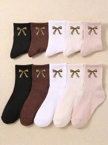 12/6 Pairs Random Leopard Print Bow Mid-Calf Socks, Elastic Socks, Brown Tone, Neutral Color, Girls Halloween Back To School Autumn Socks - Multicolor - View 4