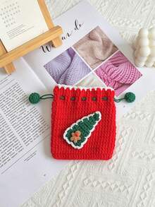 10/1pc Handmade Crochet Knitted Drawstring Storage Bag, Square Mini Soft Woven Pouch With Pom Pom Drawstring, 3D Santa Claus Snowflake Gingerbread Man Christmas Tree Applique Decor, Small Coin Purse, Christmas Holiday Party Decoration Gift Bag - Multicolor - View 14