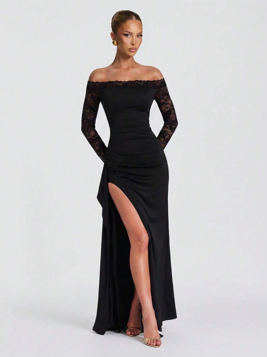 Elegant Sexy Lace Off-Shoulder Slit Evening Dress, Ruched Waist Design, Perfect For Evening Parties And Balls - Black - View 1