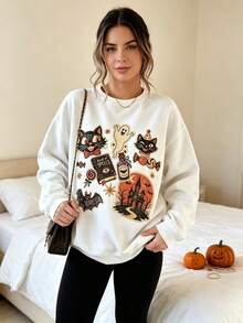 Women's Round Neck Sweatshirt,Vintage Halloween Black Cat Ghost House Pattern Long Sleeve Casual Autumn Pullover,Women's Autumn Clothing - White - View 2