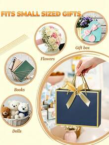 1/3/6/12pcs Set (Gold Ribbon + Blue Gift Bag + Paper Bag) Blue Gift Bag With Gold Trim And Handle, Paper Gift Bag, Shopping Bag, Gift Bag With Bow Ribbon, Suitable For Wedding, Birthday, Valentine's Day, Christmas - Multicolor - View 7