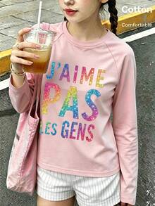 Autumn Girls Long Sleeve Tee With Colorful Sequin Letter Print "J'AIME PAS LES GENS" Y2K - Baby Pink - View 1