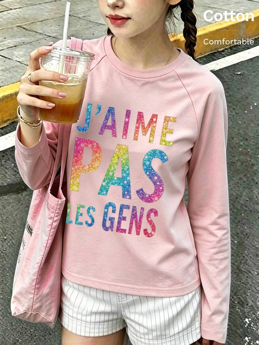 Autumn Girls Long Sleeve Tee With Colorful Sequin Letter Print "J'AIME PAS LES GENS" Y2K - Baby Pink - View 1