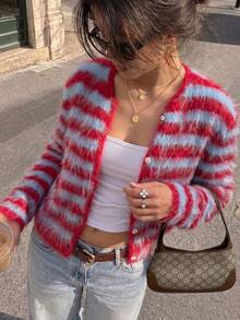 Women's Striped Long Sleeve Loose Casual Versatile Knit Cardigan - Multicolor - View 3