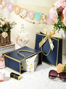 1/3/6/12pcs Set (Gold Ribbon + Blue Gift Bag + Paper Bag) Blue Gift Bag With Gold Trim And Handle, Paper Gift Bag, Shopping Bag, Gift Bag With Bow Ribbon, Suitable For Wedding, Birthday, Valentine's Day, Christmas - Multicolor - View 3