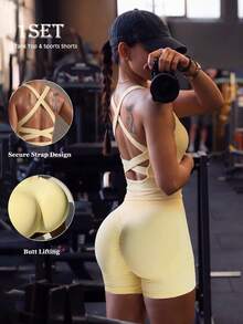 1 Set Sports Shorts, Fitness/Yoga/Pilates/Coffee Shop/Street Style Multi-Scenario Wear Summer - Yellow - View 1